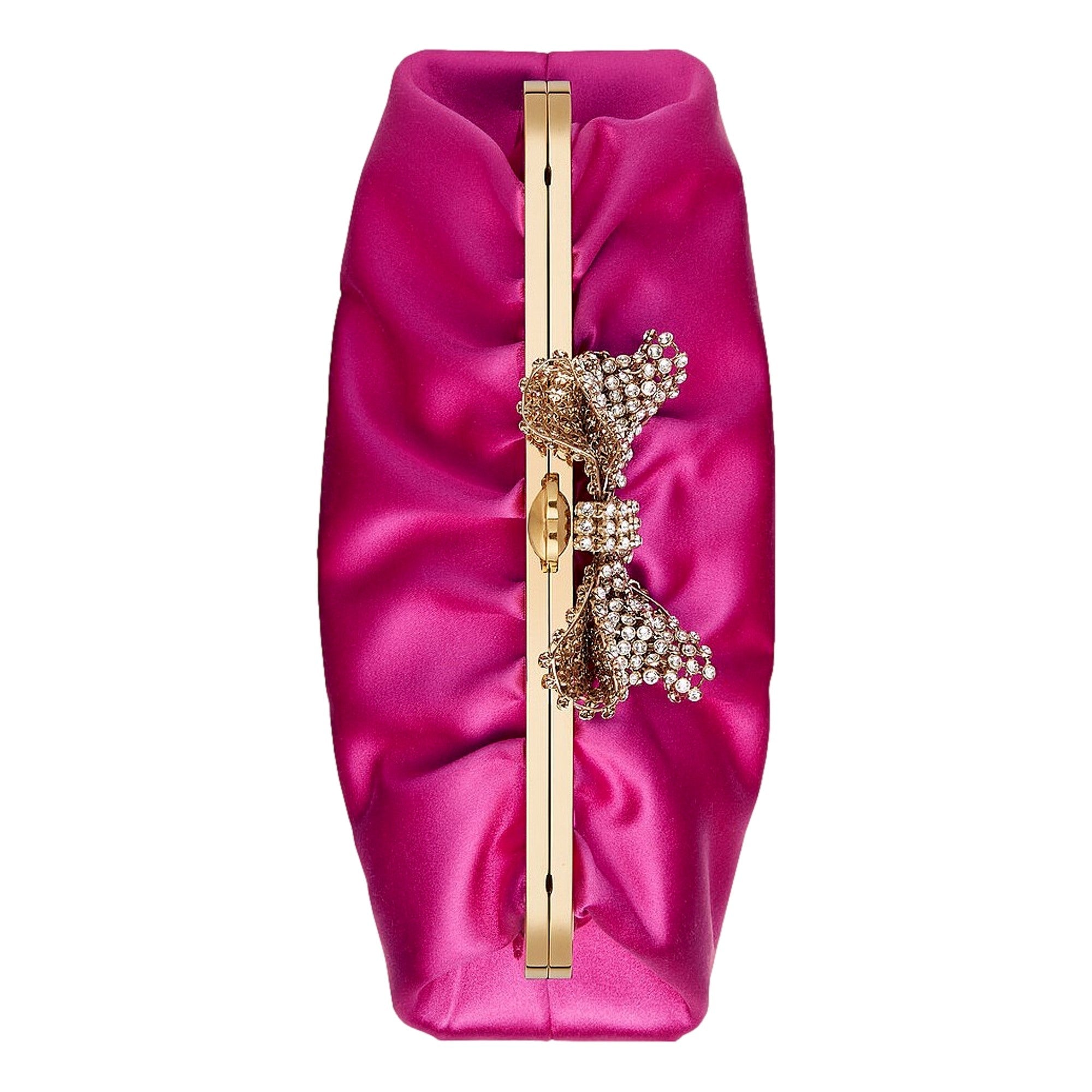 Gucci Broadway Fuchsia Satin Crystal Bow Clutch Chain Shoulder Bag available at Queen Bee of Beverly Hills