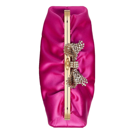 Gucci Broadway Fuchsia Satin Crystal Bow Clutch Chain Shoulder Bag available at Queen Bee of Beverly Hills