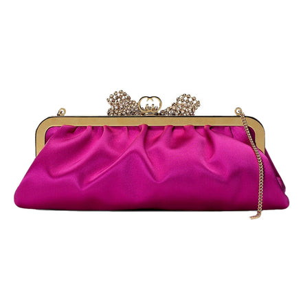 Gucci Broadway Fuchsia Satin Crystal Bow Clutch Chain Shoulder Bag available at Queen Bee of Beverly Hills