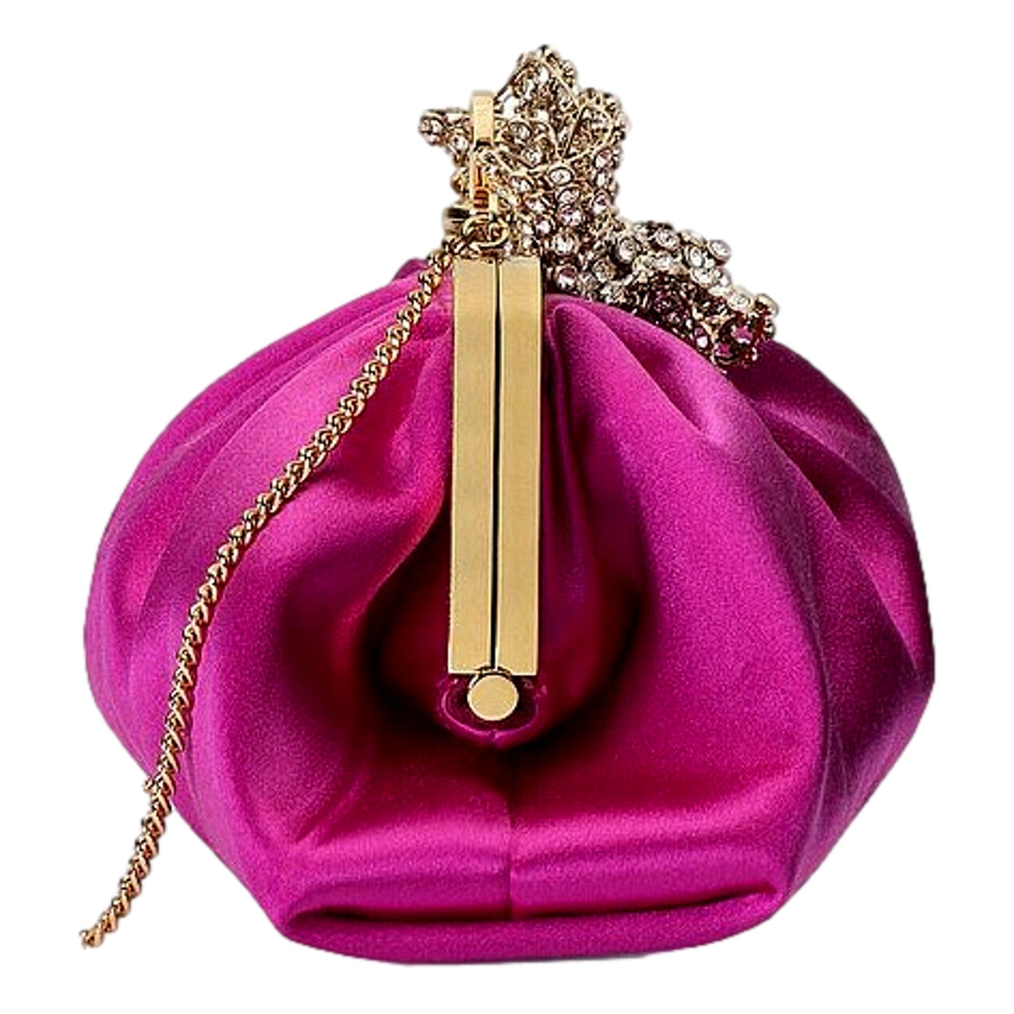 Gucci Broadway Fuchsia Satin Crystal Bow Clutch Chain Shoulder Bag available at Queen Bee of Beverly Hills