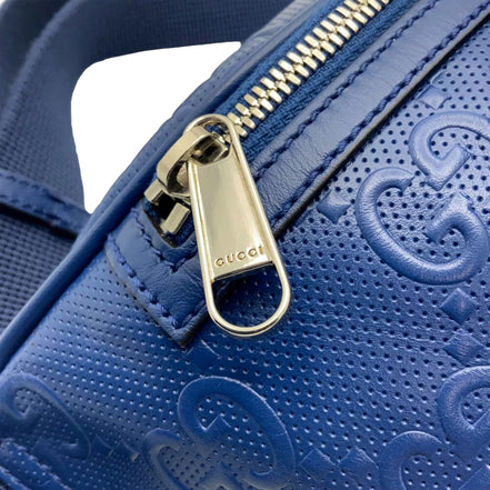 Gucci Calfskin GG Tennis Embossed Pocket Belt Bag Blue available at Queen Bee of Beverly Hills