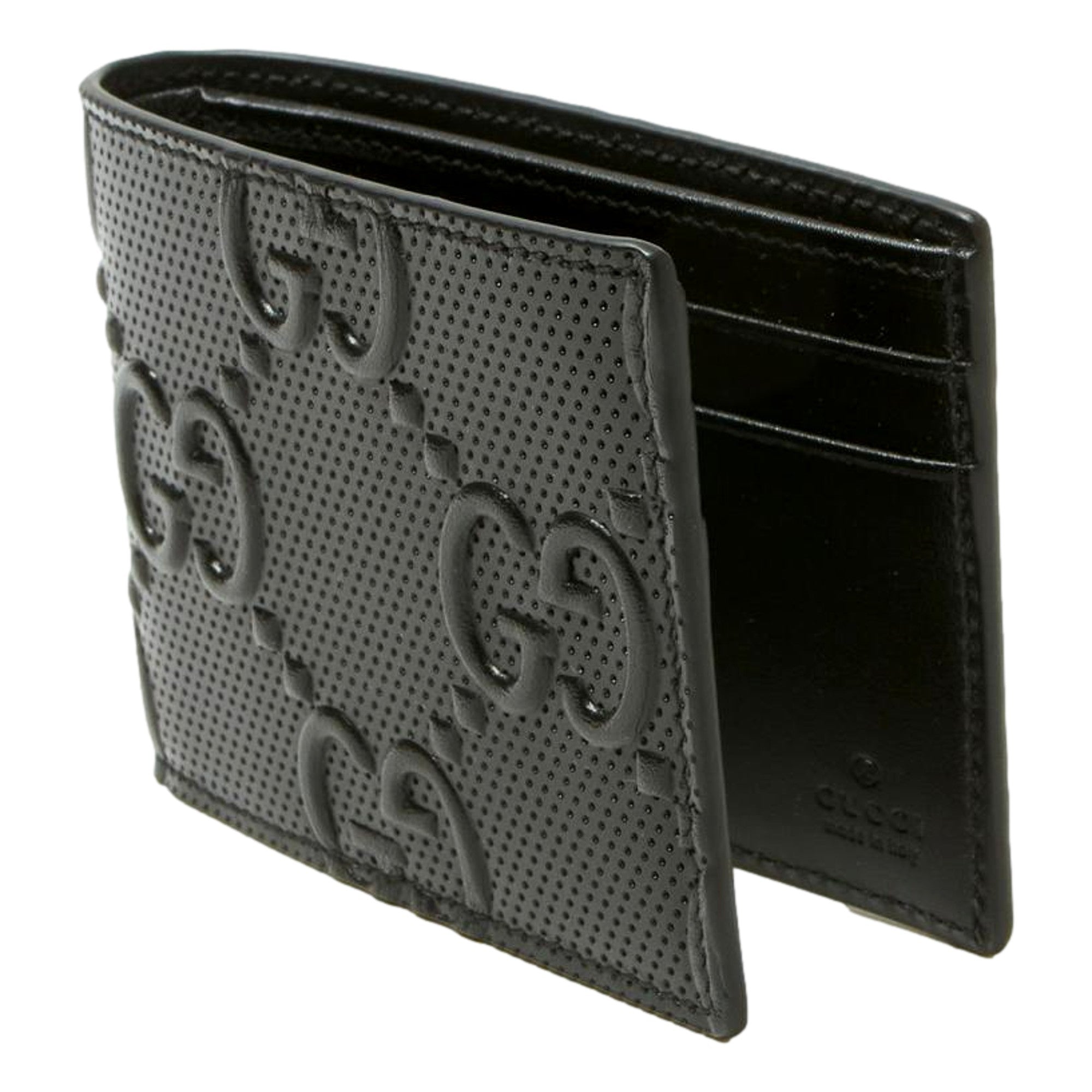 Gucci Calfskin Leather GG Tennis Embossed Bi-Fold Wallet Black available at Queen Bee of Beverly Hills