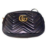 Gucci Calfskin Matelasse Small GG Marmont Chain Crossbody Bag Black available at Queen Bee of Beverly Hills