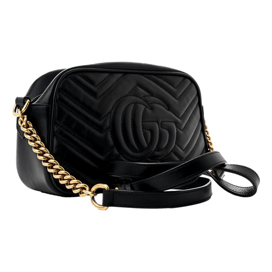 Gucci Calfskin Matelasse Small GG Marmont Chain Crossbody Bag Black available at Queen Bee of Beverly Hills