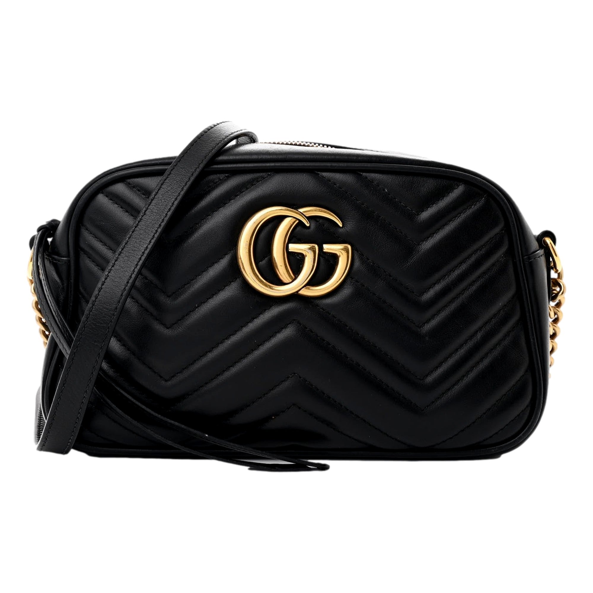 Gucci Calfskin Matelasse Small GG Marmont Chain Crossbody Bag Black available at Queen Bee of Beverly Hills