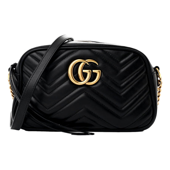 Gucci Calfskin Matelasse Small GG Marmont Chain Crossbody Bag Black available at Queen Bee of Beverly Hills