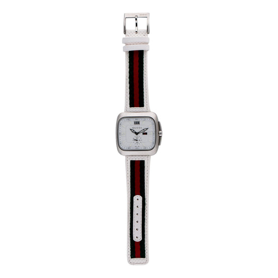 Gucci Coupe Watch YA131303 White Dial with Web Strap - available at Queen Bee of Beverly Hills. 