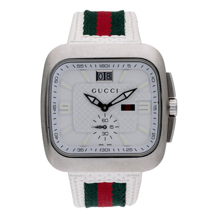 Gucci Coupe Watch YA131303 White Dial with Web Strap - available at Queen Bee of Beverly Hills. 