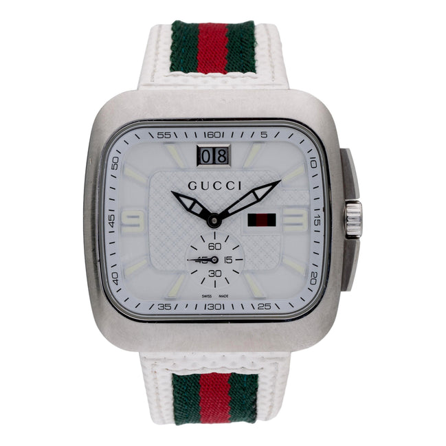 Gucci Coupe Watch YA131303 White Dial with Web Strap - available at Queen Bee of Beverly Hills. 