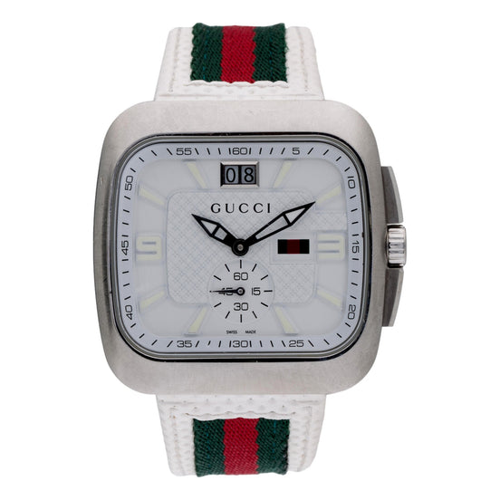 Gucci Coupe Watch YA131303 White Dial with Web Strap - available at Queen Bee of Beverly Hills. 