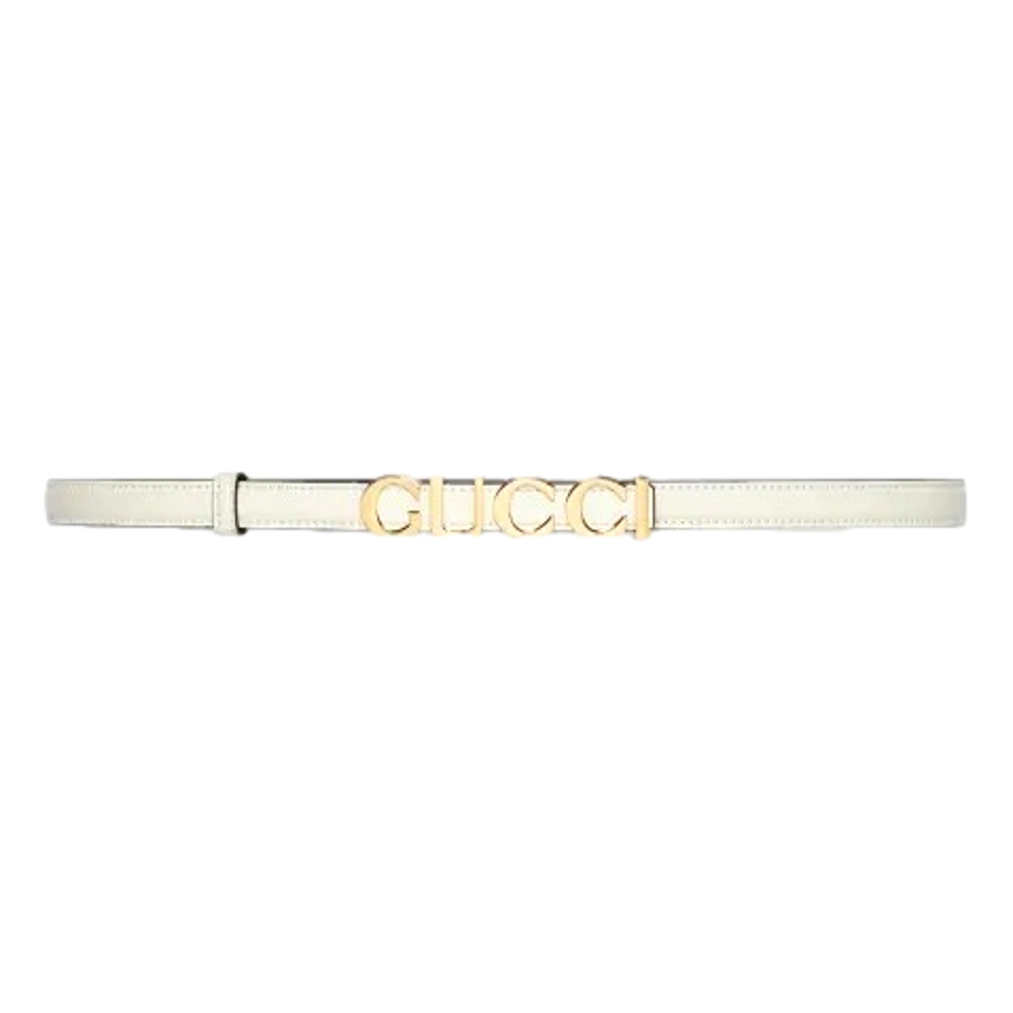 Gucci Cream Thin Leather Belt with Metal Gold Logo Lettering Size 80 available at Queen Bee of Beverly Hills