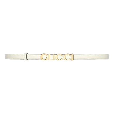 Gucci Cream Thin Leather Belt with Metal Gold Logo Lettering Size 80 available at Queen Bee of Beverly Hills