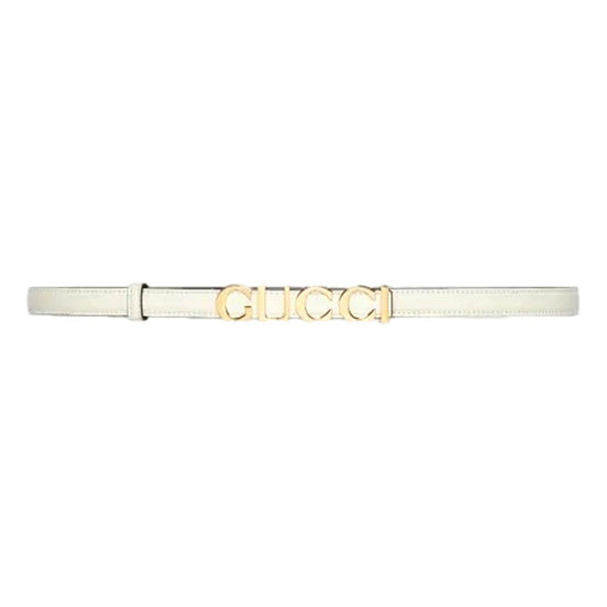 Gucci Cream Thin Leather Belt with Metal Gold Logo Lettering Size 80 available at Queen Bee of Beverly Hills