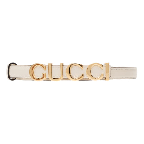 Gucci Cream Thin Leather Belt with Metal Gold Logo Lettering Size 80 available at Queen Bee of Beverly Hills