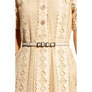 Gucci Cream Thin Leather Belt with Metal Gold Logo Lettering Size 80 available at Queen Bee of Beverly Hills
