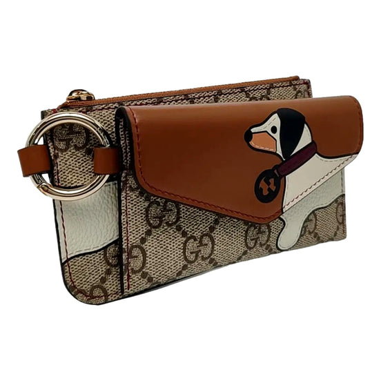 Gucci Dachshund GG Supreme Canvas Leather Brown Double Wallet Lanyard