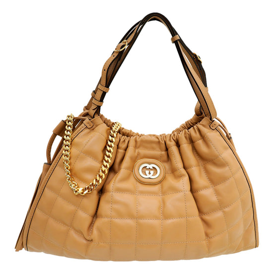 Gucci Deco Fringe Medium Leather Tote Bag Camelia Beige