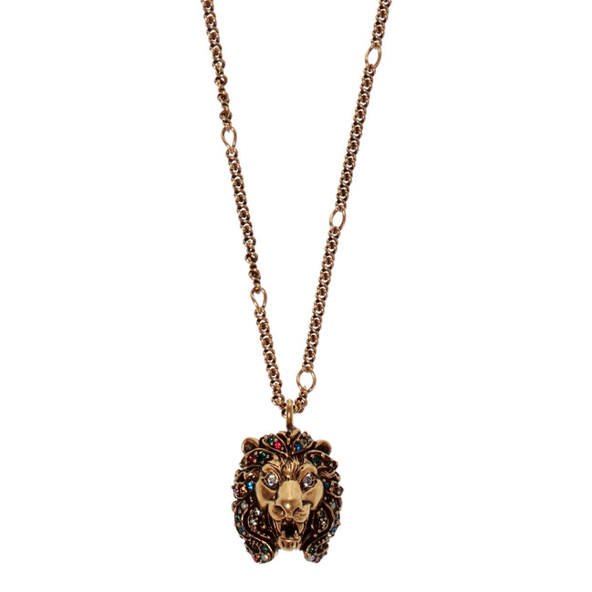 Gucci Distressed Gold Multi Color Crystal Lion Head Pendant Necklace available at Queen Bee of Beverly Hills