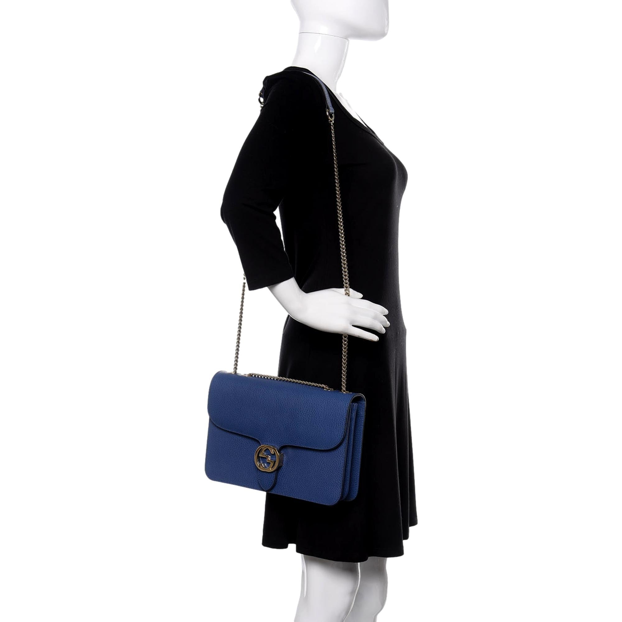 Gucci Dollar Interlocking GG Blue Leather Medium Chain Shoulder Bag available at Queen Bee of Beverly Hills