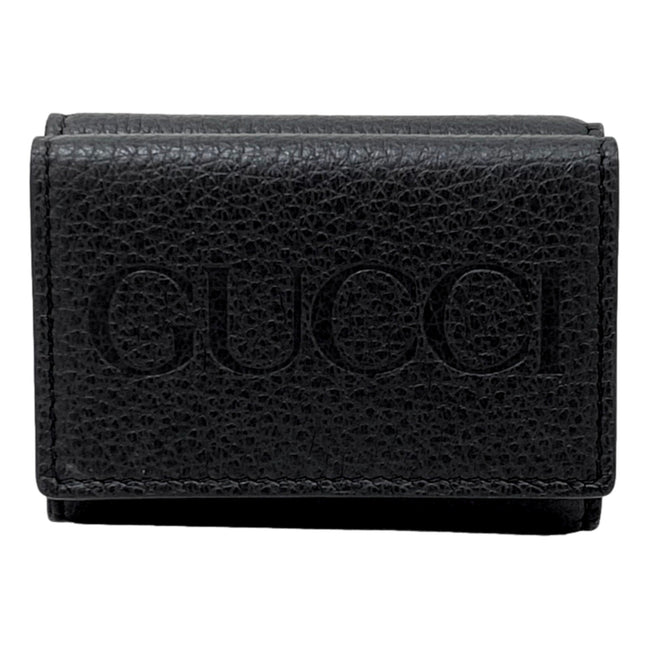 Gucci Embossed Logo Mini Tri-Fold Wallet Black Pebbled Leather available at Queen Bee of Beverly Hills