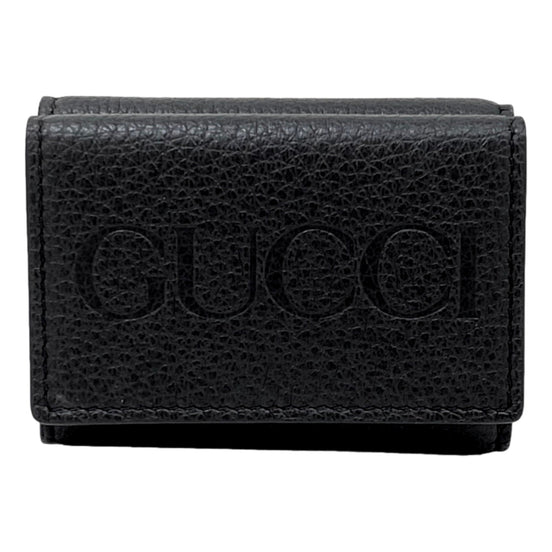 Gucci Embossed Logo Mini Tri-Fold Wallet Black Pebbled Leather available at Queen Bee of Beverly Hills