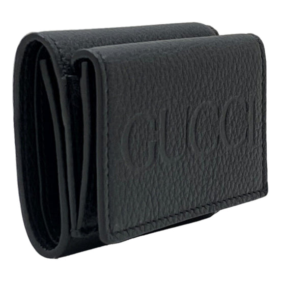 Gucci Embossed Logo Mini Tri-Fold Wallet Black Pebbled Leather available at Queen Bee of Beverly Hills
