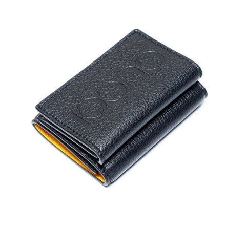 Gucci Embossed Logo Mini Tri-Fold Wallet Black Yellow Pebbled Leather available at Queen Bee of Beverly Hills
