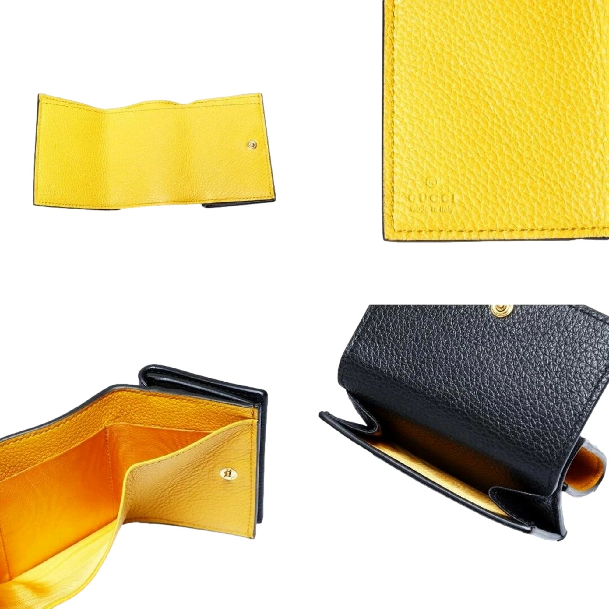 Gucci Embossed Logo Mini Tri-Fold Wallet Black Yellow Pebbled Leather available at Queen Bee of Beverly Hills