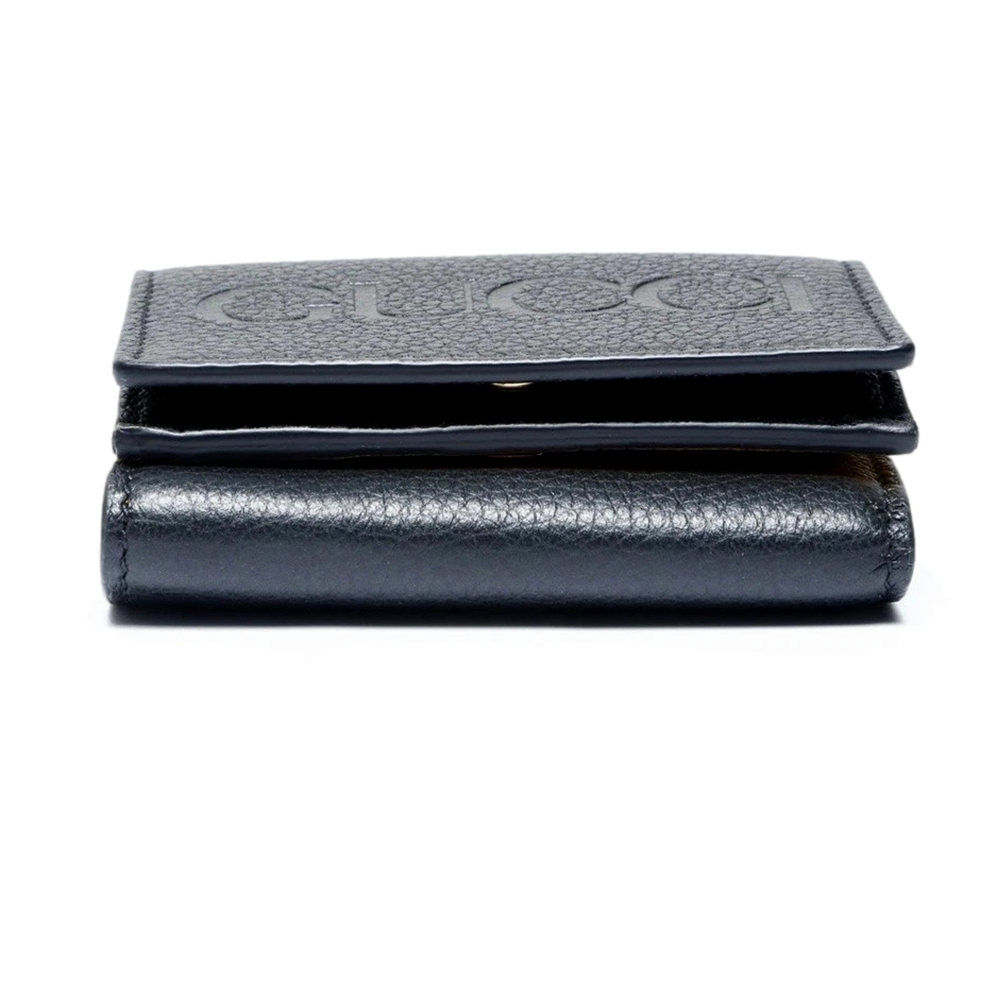 Gucci Embossed Logo Mini Tri-Fold Wallet Black Yellow Pebbled Leather available at Queen Bee of Beverly Hills