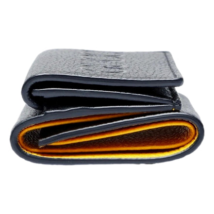 Gucci Embossed Logo Mini Tri-Fold Wallet Black Yellow Pebbled Leather available at Queen Bee of Beverly Hills
