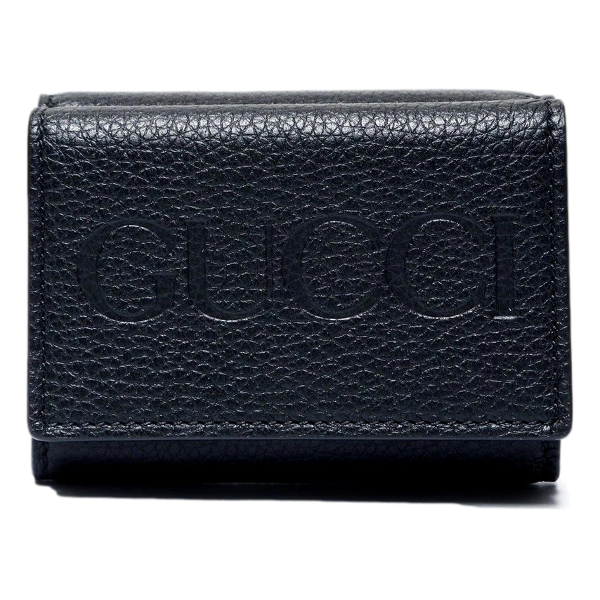 Gucci Embossed Logo Mini Tri-Fold Wallet Black Yellow Pebbled Leather available at Queen Bee of Beverly Hills