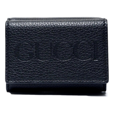 Gucci Embossed Logo Mini Tri-Fold Wallet Black Yellow Pebbled Leather available at Queen Bee of Beverly Hills