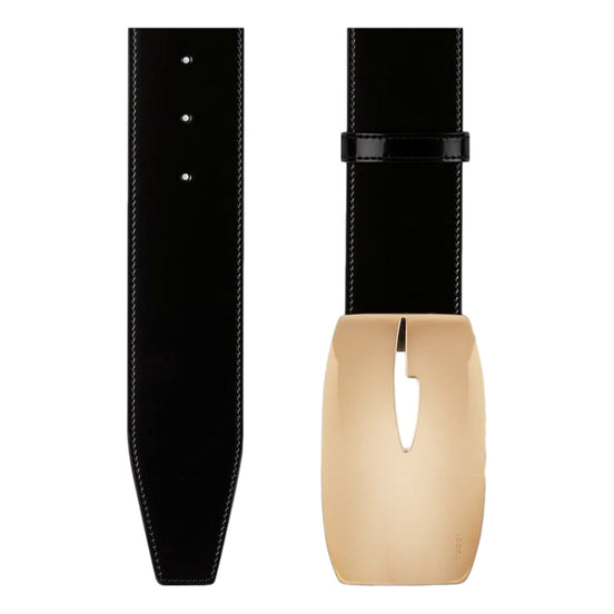 Gucci G Gold Tone Statement Belt Black Brushed Leather 80/32 available at Queen Bee of Beverly Hills