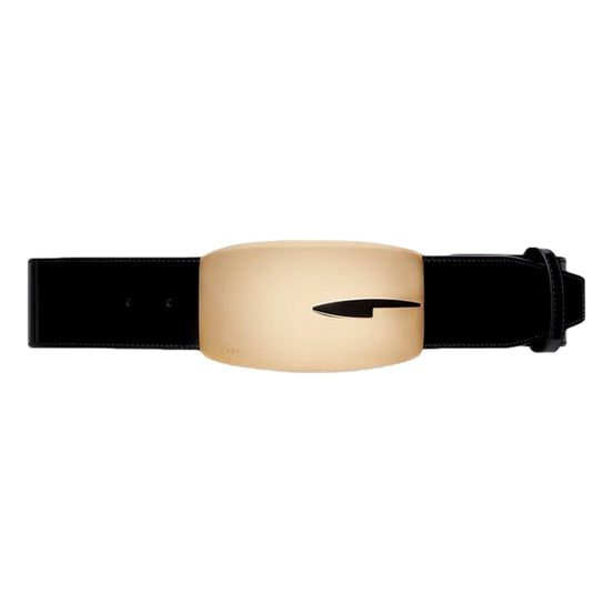 Gucci G Gold Tone Statement Belt Black Brushed Leather 80/32 available at Queen Bee of Beverly Hills