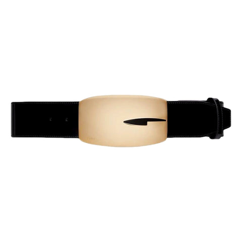 Gucci G Gold Tone Statement Belt Black Brushed Leather 80/32 available at Queen Bee of Beverly Hills