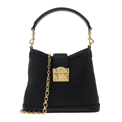Gucci GG Black Embossed Pebbled Leather Gold Chain Shoulder Bag at_Queen_Bee_of_Beverly_Hills