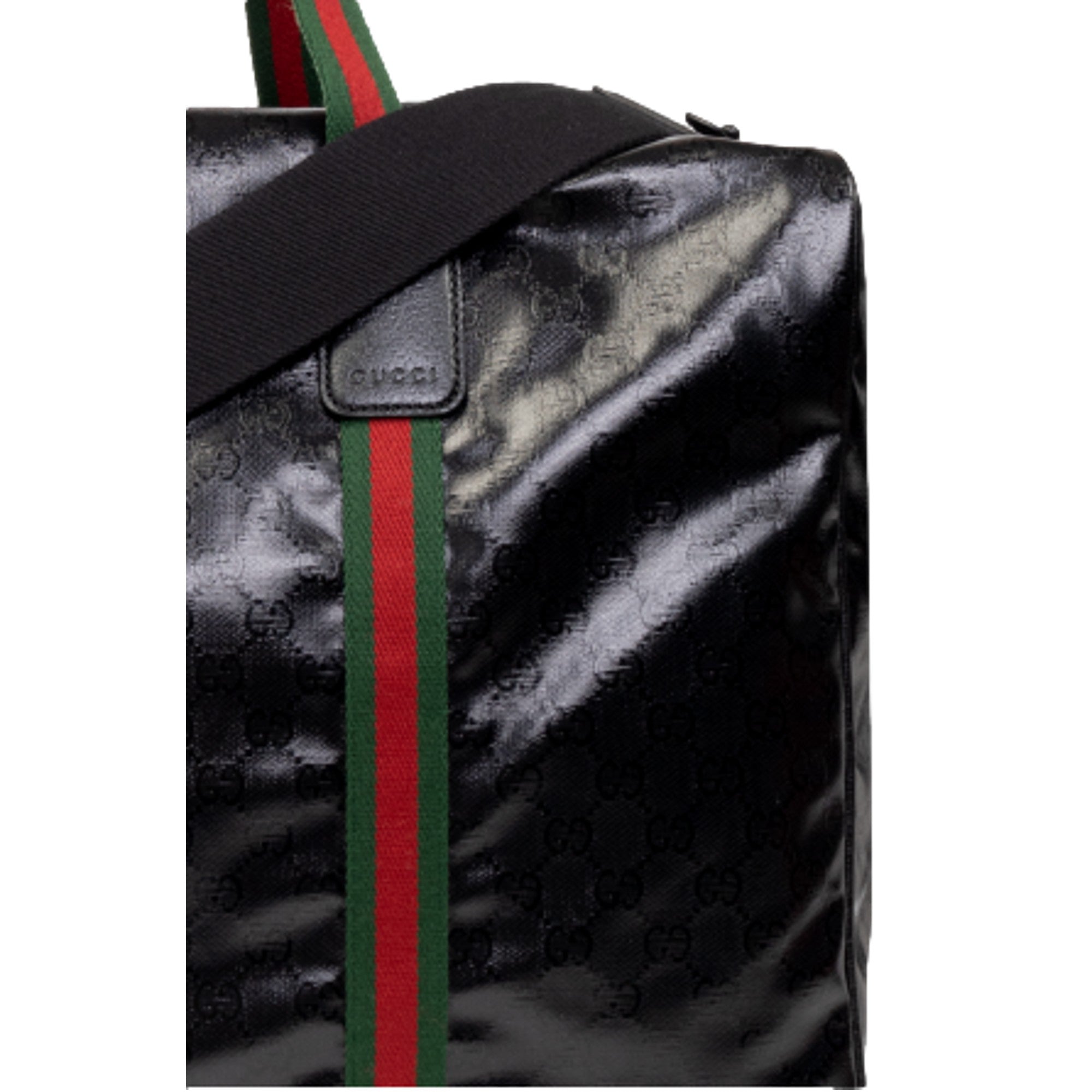 Gucci GG Black Glossy ‘Duffle Maxi’ Calfskin Leather Trim Duffel Bag available at Queen Bee of Beverly Hills
