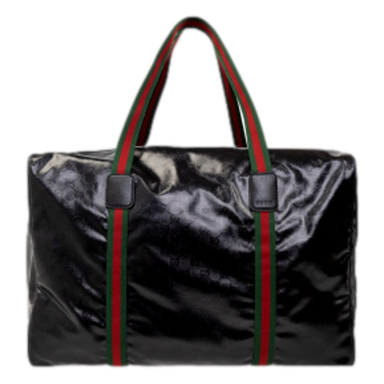 Gucci GG Black Glossy ‘Duffle Maxi’ Calfskin Leather Trim Duffel Bag available at Queen Bee of Beverly Hills