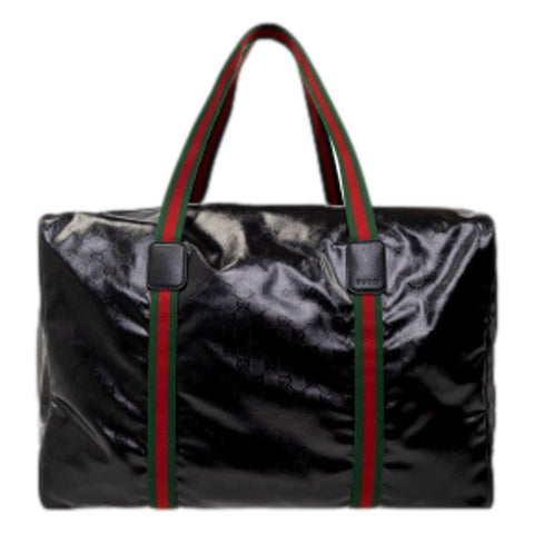 Gucci GG Black Glossy ‘Duffle Maxi’ Calfskin Leather Trim Duffel Bag available at Queen Bee of Beverly Hills