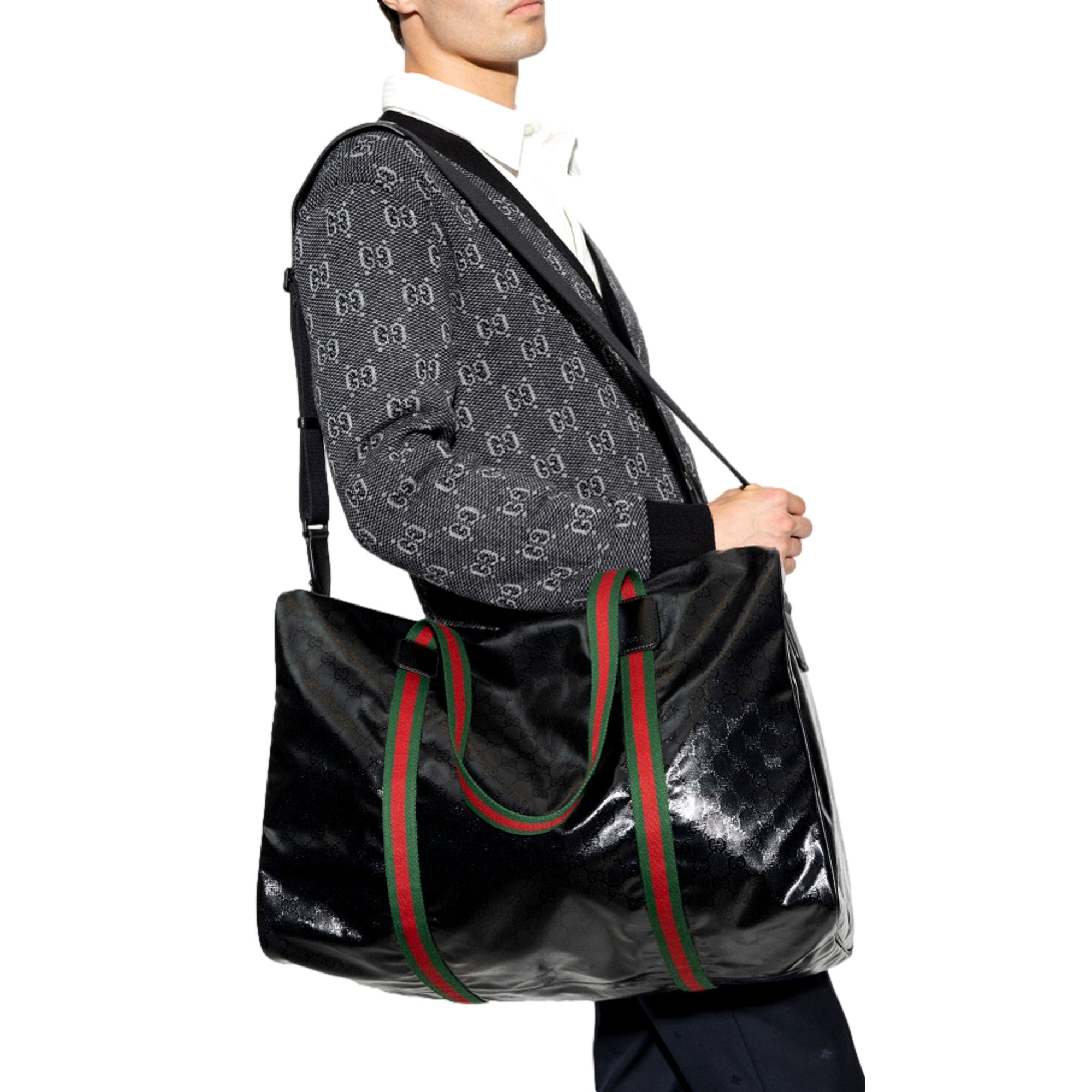 Gucci GG Black Glossy ‘Duffle Maxi’ Calfskin Leather Trim Duffel Bag available at Queen Bee of Beverly Hills