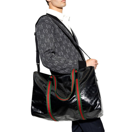 Gucci GG Black Glossy ‘Duffle Maxi’ Calfskin Leather Trim Duffel Bag available at Queen Bee of Beverly Hills