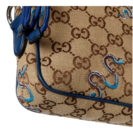 Gucci Snake Embroidered Beige Canvas Blue Trim Crossbody Bag
