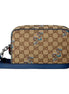 Gucci Snake Embroidered Beige Canvas Blue Trim Crossbody Bag