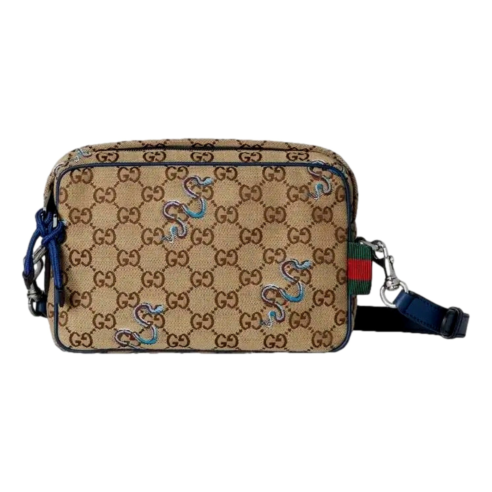 Gucci Snake Embroidered Beige Canvas Blue Trim Crossbody Bag