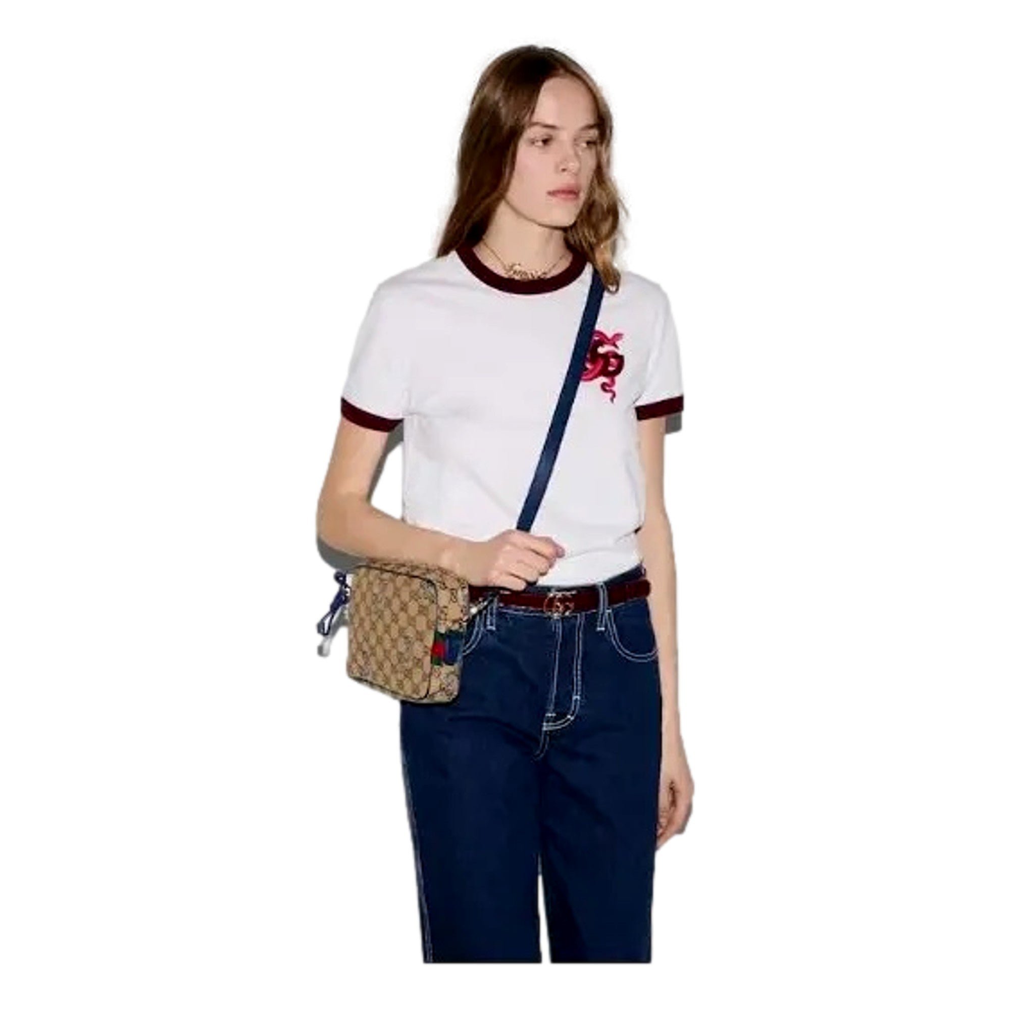 Gucci Snake Embroidered Beige Canvas Blue Trim Crossbody Bag