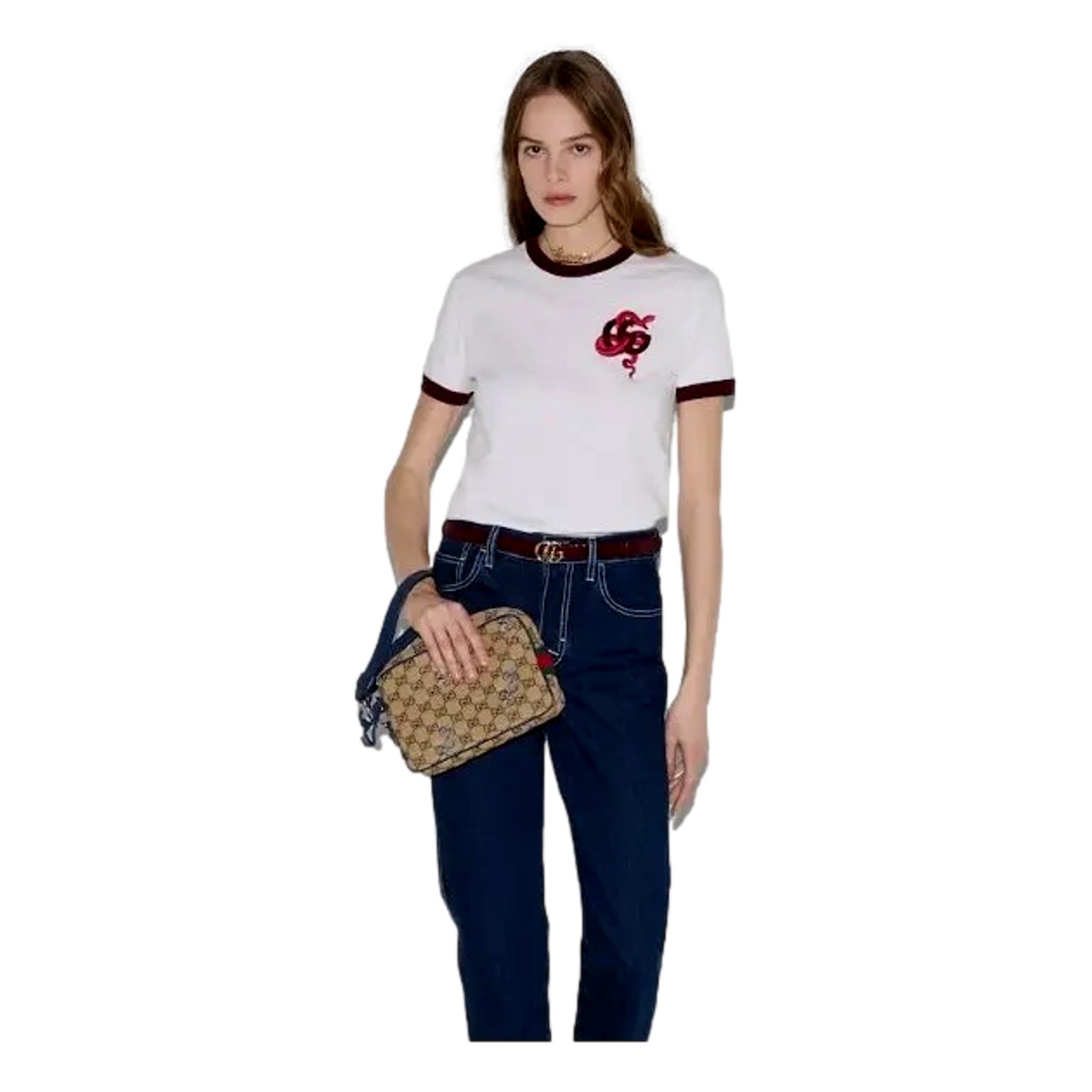 Gucci Snake Embroidered Beige Canvas Blue Trim Crossbody Bag