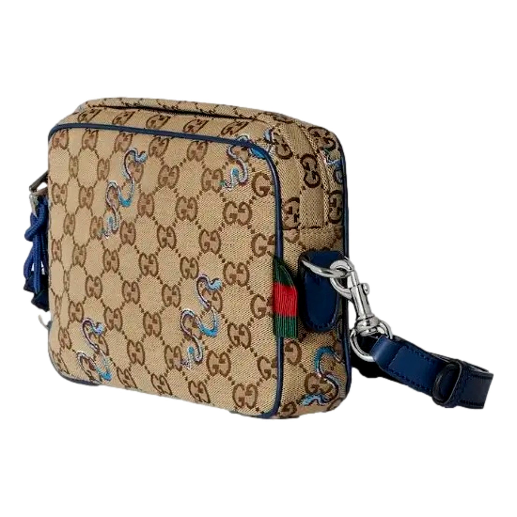 Gucci Snake Embroidered Beige Canvas Blue Trim Crossbody Bag