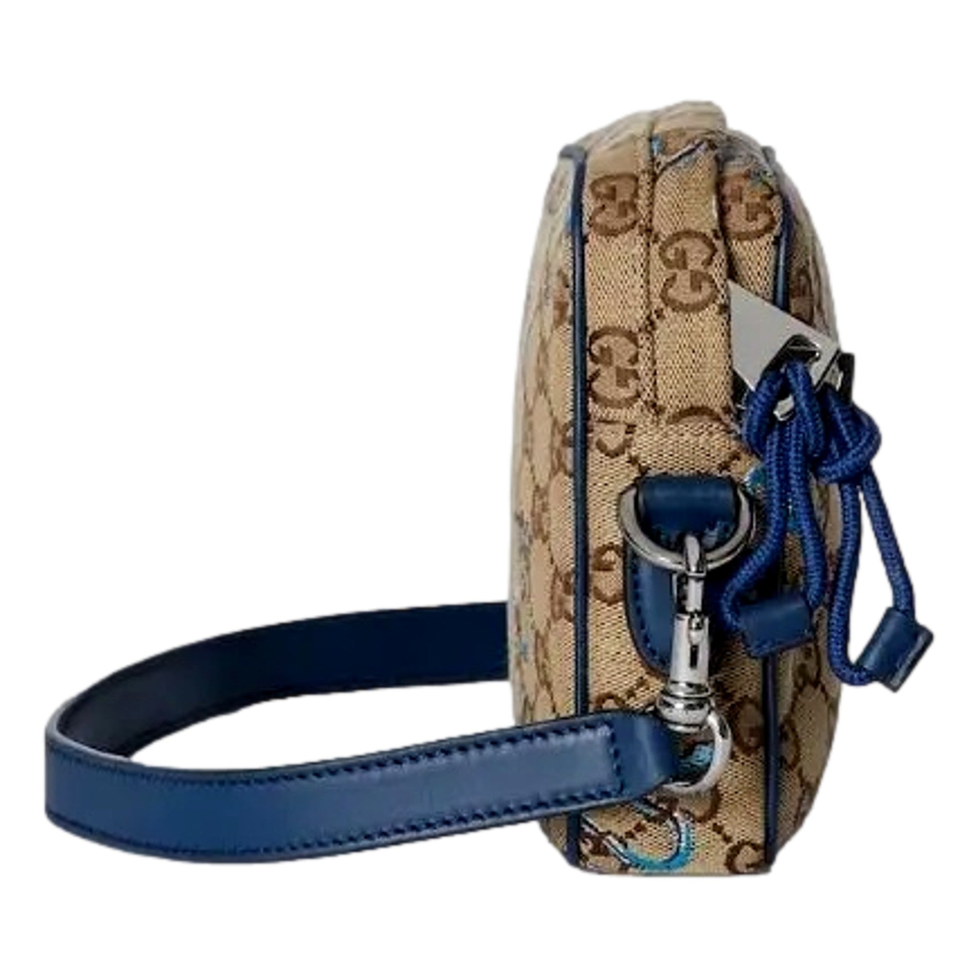 Gucci Snake Embroidered Beige Canvas Blue Trim Crossbody Bag