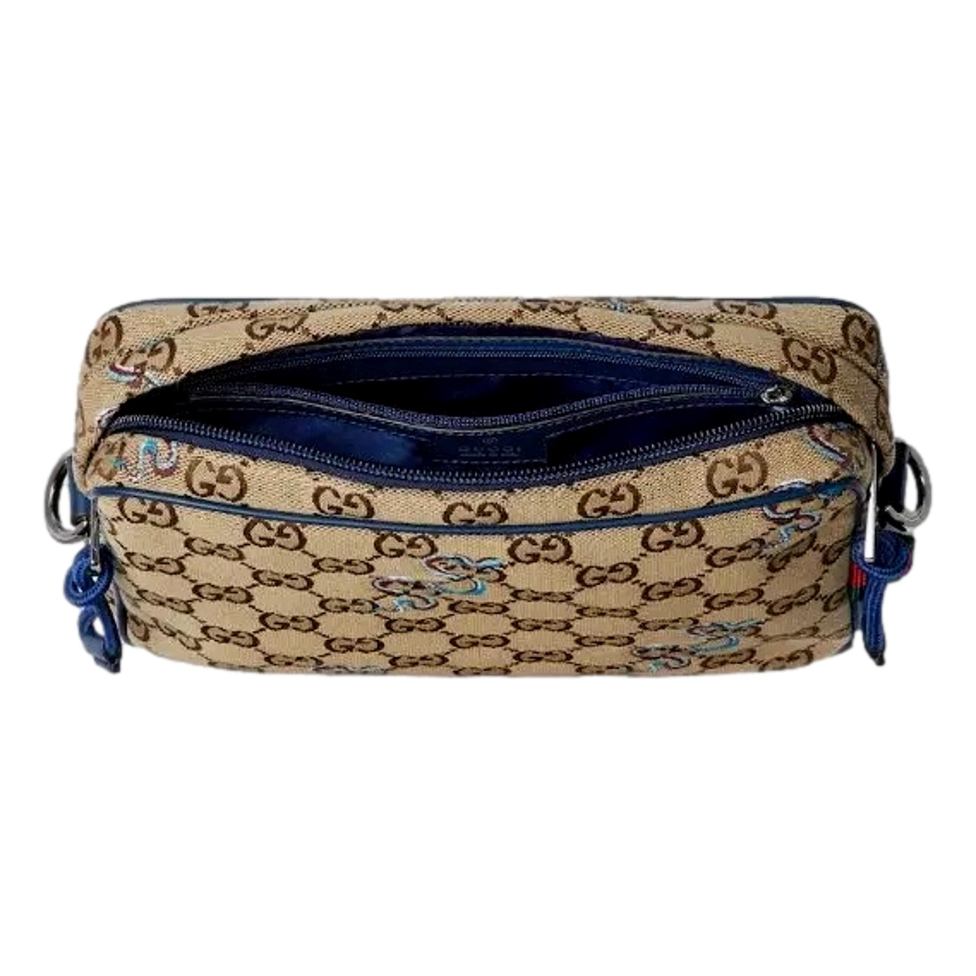 Gucci Snake Embroidered Beige Canvas Blue Trim Crossbody Bag