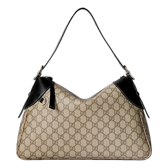 Gucci GG Emblem Surpeme Canvas Medium Leather Shoulder Bag Black Beige